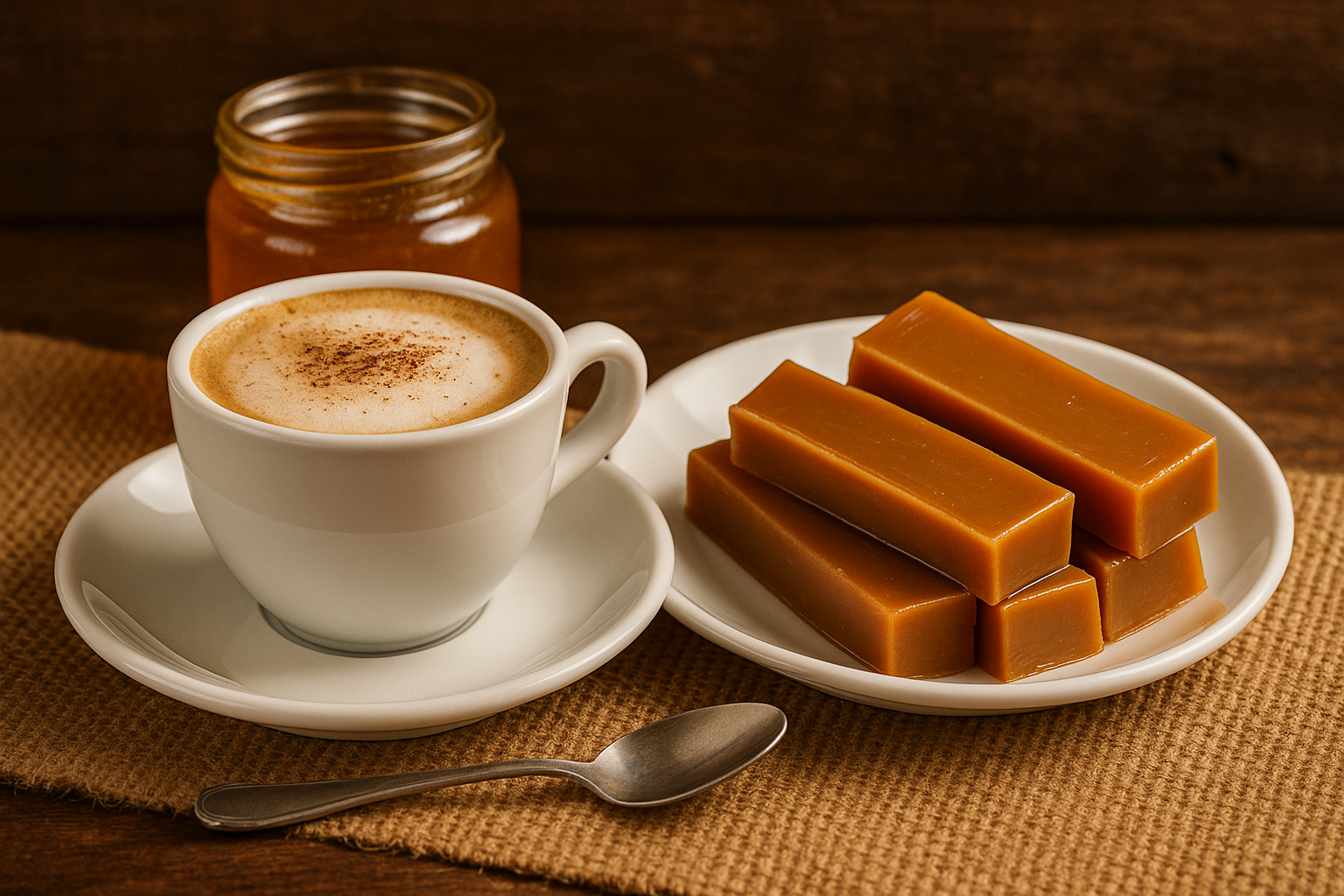 Café em uma xícara ao lado de pedaços de doca de leite